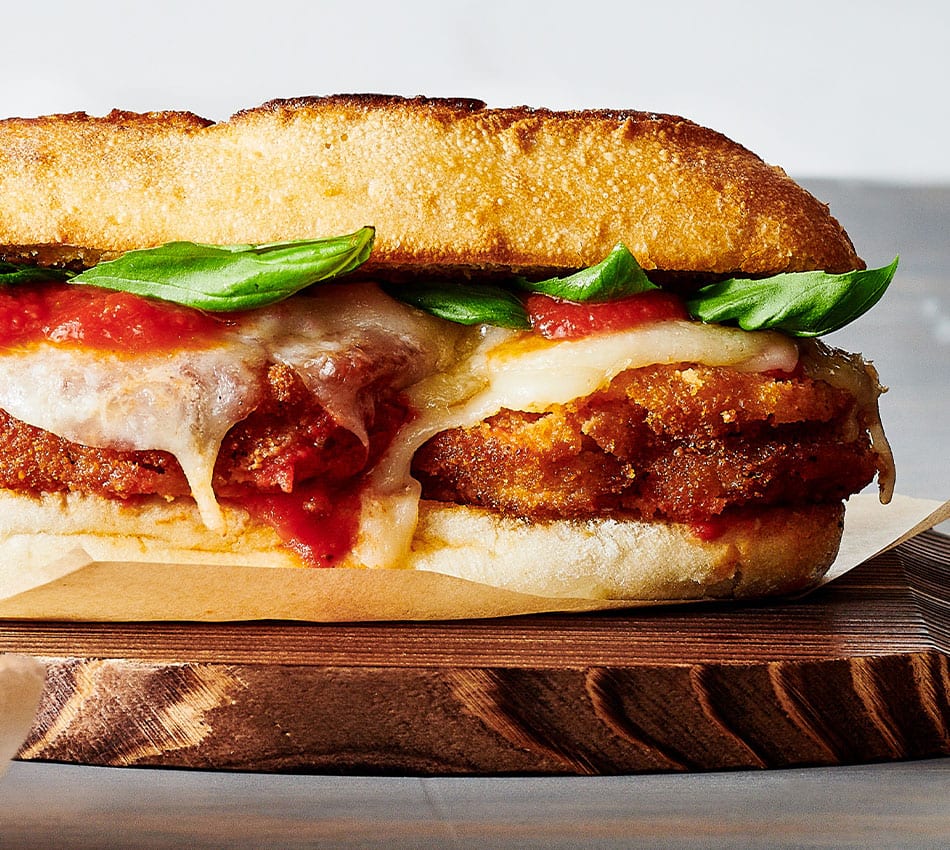Eggplant Parmesan Sandwich With Three Cheeses and Basil